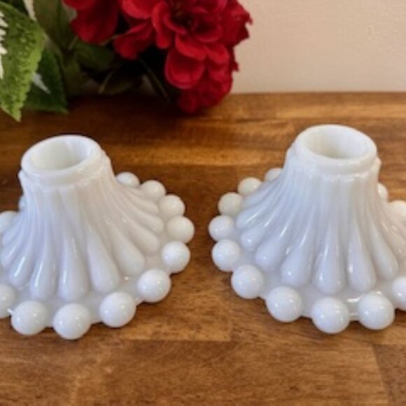 Vintage Anchor Hocking Milk Glass Boopie Candle Holders MCM Charm Beaded Base - Picture 2 of 5